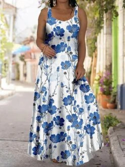 Women‘s Plus Size Curve Casual Dress Strap Dress Floral Long Dress Maxi Dress Sleeveless Print Strap Fashion Outdoor White Yellow Summer Spring L XL XXL 3XL 4XL