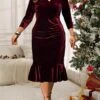 Women's Plus Size Curve Party Dress Velvet Dress Winter Dress Solid Color Midi Dress Long Sleeve Ruched V Neck Fashion Party Black Wine Fall Winter L XL XXL 3XL 4XL