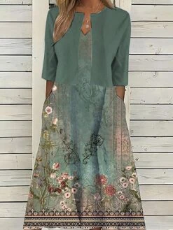 Women's Two Piece Dress Set Casual Dress Shift Dress Daily Going Out Fashion Casual Pocket Print Midi Dress V Neck 3/4 Length Sleeve Floral Loose Fit Navy Blue Royal Blue Dark Green Summer Spring S M