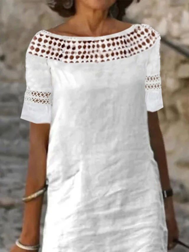 Women's Casual Dress Cotton Linen Dress Shift Dress Midi Dress Cotton Blend Basic Casual Outdoor Daily Boat Neck Patchwork Hollow Out Short Sleeve Summer Spring 2023 Loose Fit White Plain S M L XL 2XL 2 Women's Casual Dress Cotton Linen Dress Shift Dress Midi Dress Cotton Blend Basic Casual Outdoor Daily Boat Neck Patchwork Hollow Out Short Sleeve Summer Spring 2023 Loose Fit White Plain S M L XL 2XL - Image 2