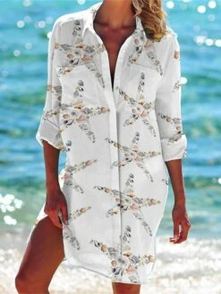 Women's Shirt Dress Casual Dress Shift Dress Mini Dress Outdoor Daily Date Polyester Fashion Classic Shirt Collar Pocket Print Half Sleeve Summer Spring 2023 Loose Fit White Red Navy Blue Fish S M L -HAYz Clothing Shop lpcwau1677739843815