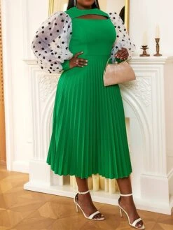 Women's Plus Size Curve Party Dress Work Dress A Line Dress Polka Dot Midi Dress Long Sleeve Mesh Cut Out Crew Neck Fashion Party Green Fall Winter XL XXL 3XL 4XL -HAYz Clothing Shop lpewno1694425973204