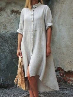 Women's Shirt Dress Casual Dress Cotton Dress Midi Dress Cotton Classic Casual Outdoor Daily Vacation Shirt Collar Ruched Button Long Sleeve Fall Winter Autumn 2023 Regular Fit Pink Red Navy Blue -HAYz Clothing Shop lpffwd1693823269986