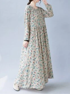Women's Casual Dress Linen Dress Swing Dress Maxi Long Dress Linen Fashion Modern Outdoor Daily Holiday Crew Neck Print Long Sleeve Fall Winter Autumn 2023 Loose Fit Apricot Flower L XL 2XL -HAYz Clothing Shop lplglg1693553167266