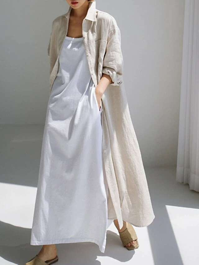 Women's Cotton Linen Dress Casual Dress Swing Dress Maxi Long Dress Cotton Blend Stylish Casual Winter Dress Daily Holiday Shirt Collar Button Pocket Long Sleeve Summer Spring Fall 2022 Loose Fit 4 Women's Cotton Linen Dress Casual Dress Swing Dress Maxi Long Dress Cotton Blend Stylish Casual Winter Dress Daily Holiday Shirt Collar Button Pocket Long Sleeve Summer Spring Fall 2022 Loose Fit - Image 4