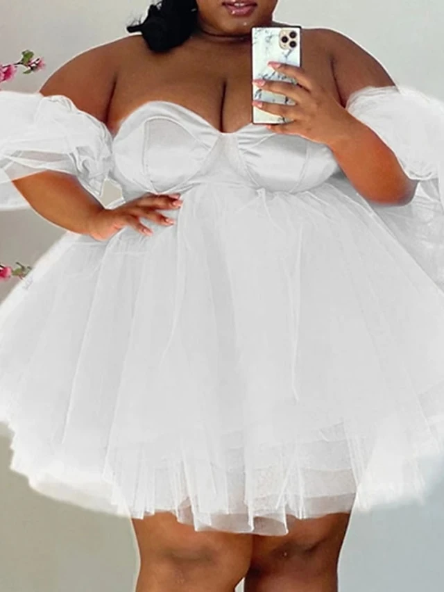 Women‘s Plus Size Curve Holiday Dress Solid Color Off Shoulder Ruched Short Sleeve Spring Summer Casual Sexy Short Mini Dress Causal Daily Dress 3 Women‘s Plus Size Curve Holiday Dress Solid Color Off Shoulder Ruched Short Sleeve Spring Summer Casual Sexy Short Mini Dress Causal Daily Dress - Image 3