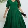 Women‘s Plus Size Curve Party Dress Cocktail Dress Wedding Guest Dress Midi Dress Green Short Sleeve Pure Color Split Summer Spring Fall Crew Neck Fashion Birthday Wedding Guest Vacation 2023