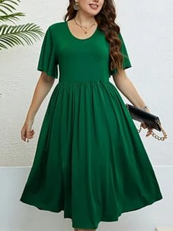 Women‘s Plus Size Curve Party Dress Cocktail Dress Wedding Guest Dress Midi Dress Green Short Sleeve Pure Color Split Summer Spring Fall Crew Neck Fashion Birthday Wedding Guest Vacation 2023