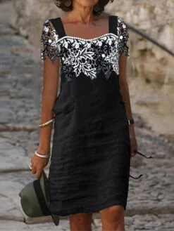 Women's Casual Dress Cotton Linen Dress Shift Dress Midi Dress Cotton Blend Fashion Modern Outdoor Daily Vacation Square Neck Lace Short Sleeve Summer Spring 2023 Regular Fit Black White Gray Leaf S -HAYz Clothing Shop lpvarg1682056853770
