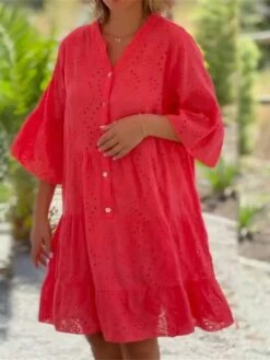 Women's Casual Dress Cotton Linen Dress Shift Dress Midi Dress Cotton Blend Fashion Casual Outdoor Daily Vacation Split Neck Ruffle Button 3/4 Length Sleeve Summer Spring Fall 2023 Loose Fit White Red -HAYz Clothing Shop lpzdvu1685442943305