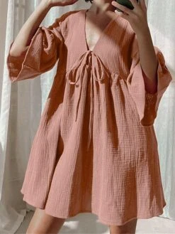 Women's Casual Dress Cotton Linen Dress Mini Dress Cotton Daily Basic Outdoor Home Daily V Neck Ruched Button 3/4 Length Sleeve Fall Autumn 2023 Loose Fit Navy Blue Blue Purple Plain S M L