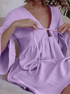 Women's Casual Dress Cotton Linen Dress Mini Dress Cotton Daily Basic Outdoor Home Daily V Neck Ruched Button 3/4 Length Sleeve Fall Autumn 2023 Loose Fit Navy Blue Blue Purple Plain S M L -HAYz Clothing Shop lqeyce1692936380091