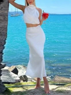 Women's Two Piece Dress Set Casual Dress Skirt Set Daily Holiday Fashion Sexy Ruched Long Dress Maxi Dress Stand Collar Sleeveless Plain Regular Fit Black White Light Green Summer Spring S M L XL -HAYz Clothing Shop lqgxfn1690857195990