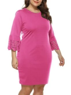 Women‘s Plus Size Curve Party Dress Wedding Guest Dress Black Dress Bodycon Mini Dress Pink 3/4 Length Sleeve Pure Color Patchwork Fall Winter Autumn Crew Neck Fashion Wedding Guest Vacation -HAYz Clothing Shop lqohrg1692179045196