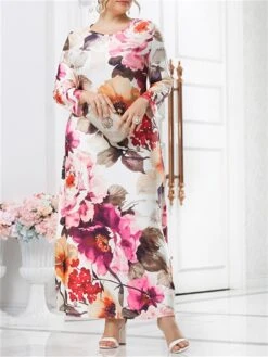 Women‘s Plus Size Curve Casual Dress Swing Dress Floral Dress Floral Long Dress Maxi Dress Long Sleeve Print Round Neck Modern Vacation Beige Fall Spring L XL XXL 3XL 4XL -HAYz Clothing Shop lqrcpv1672736823228
