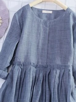 Women's Casual Dress Cotton Linen Dress Midi Dress Linen / Cotton Blend Basic Classic Outdoor Daily Vacation Crew Neck Ruched 3/4 Length Sleeve Fall Autumn 2023 Loose Fit Yellow Blue Plain M L XL 2XL -HAYz Clothing Shop lqvded1693226285284