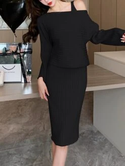 Women's Two Piece Dress Set Casual Dress Skirt Set Outdoor Daily Fashion Streetwear Ruched Midi Dress V Neck Long Sleeve Plain Slim Black Pink Green Fall Winter One-Size -HAYz Clothing Shop lqwcki1693374467721