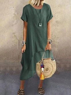 Women's Casual Dress Cotton Linen Dress A Line Dress Midi Dress Cotton Blend Basic Modern Outdoor Daily Crew Neck Ruffle Layered Short Sleeve Summer Spring 2023 Loose Fit Blue Green Gray Plain S M L -HAYz Clothing Shop lqzkyq1683603768040
