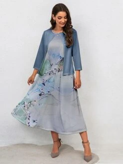 Women's Two Piece Dress Set Casual Dress Swing Dress Outdoor Office Fashion Streetwear Print Midi Dress Crew Neck 3/4 Length Sleeve Floral Ombre Regular Fit Pink Blue Purple Fall Winter S M L XL XXL -HAYz Clothing Shop lqzqoo1697681157395