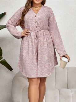Women's Plus Size Curve Casual Dress Winter Dress Sheath Dress Plain Midi Dress Long Sleeve Lace Up Button V Neck Fashion Outdoor Pink Fall Winter XL XXL 3XL 4XL -HAYz Clothing Shop lrggvv1695095533712