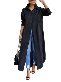 Women's Shirt Dress Casual Dress Midi Dress Outdoor Daily Vacation Polyester Fashion Modern Shirt Collar Split Long Sleeve Fall Winter 2023 Loose Fit Black White Yellow Plain S M L XL XXL -HAYz Clothing Shop lskepk1692342898975
