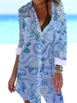 Women's Shirt Dress Cover Up Beach Wear Mini Dress Pocket Print Fashion Casual Fish Turndown 3/4 Length Sleeve Loose Fit Outdoor Daily White Blue 2023 Summer Spring S M L XL -HAYz Clothing Shop lssrag1676972500731