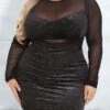 Women‘s Plus Size Curve Party Dress Solid Color Crew Neck Ruched Long Sleeve Fall Spring Casual Sequins Prom Dress Short Mini Dress Casual Vacation DressSequin DressMesh