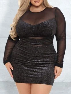 Women‘s Plus Size Curve Party Dress Solid Color Crew Neck Ruched Long Sleeve Fall Spring Casual Sequins Prom Dress Short Mini Dress Casual Vacation DressSequin DressMesh