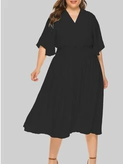 Women‘s Plus Size Curve Party Dress Wedding Guest Dress Swing Dress Midi Dress Black Beige Half Sleeve Pure Color Pleated Summer Spring Fall V Neck Party Birthday Wedding Guest Vacation 2023 -HAYz Clothing Shop ltbudp1691399371930