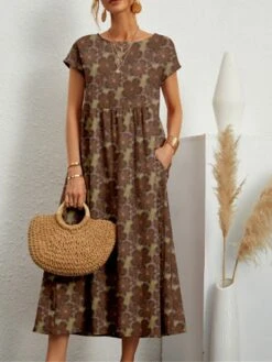 Women's Casual Dress Cotton Linen Dress Swing Dress Midi Dress Linen / Cotton Blend Fashion Casual Outdoor Daily Holiday Crew Neck Pocket Print Short Sleeve Summer Spring 2023 Loose Fit ArmyGreen -HAYz Clothing Shop ltejxv1689326968989