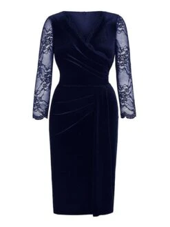 Women's Plus Size Curve Party Dress Velvet Dress Work Dress Plain Midi Dress 3/4 Length Sleeve Lace Ruched V Neck Fashion Party Black Wine Fall Winter XL XXL 3XL 4XL -HAYz Clothing Shop ltgkop1696567801884