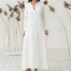 Women's Cotton Dress Pajamas Nightgown Nighty Pure Color Retro Comfort Home Daily Stand Collar Long Sleeve Button Summer Fall Spring White Blue -HAYz Clothing Shop ltgyot1665286279803
