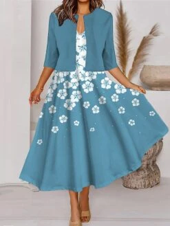 Women's Two Piece Dress Set Casual Dress Tank Dress Outdoor Daily Fashion Streetwear Pocket Print Midi Dress V Neck 3/4 Length Sleeve Floral Ombre Regular Fit Blue Brown Green Spring Fall S M L XL XXL