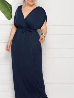 Women's Plus Size Curve Party Dress Sheath Dress Formal Dress Maxi Dress White Wine Royal Blue Short Sleeve Pure Color Lace Up Spring Fall Autumn V Neck Fashion Birthday Wedding Guest Vacation -HAYz Clothing Shop luaftv1692178808858