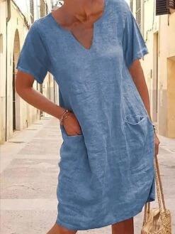 Women's Casual Dress Cotton Linen Dress Shift Dress Midi Dress Cotton Blend Basic Modern Outdoor Daily V Neck Pocket Short Sleeve Summer Spring 2023 Loose Fit Blue Plain S M L XL 2XL