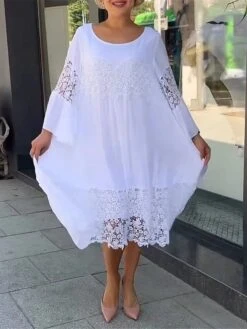 Women's Casual Dress Cotton Linen Dress Lace Dress Midi Dress Lace Basic Classic Outdoor Daily Vacation Crew Neck Lace Patchwork Long Sleeve Summer Spring Fall 2023 Loose Fit White Plain S M L XL 2XL -HAYz Clothing Shop luhixo1689837130852