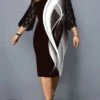 Women‘s Plus Size Curve Work Dress Sheath Dress Semi Formal Dress Fashion Flared Sleeve Midi Dress Lace Patchwork Crew Neck 3/4 Length Sleeve Stripe Loose Fit Black Summer Spring