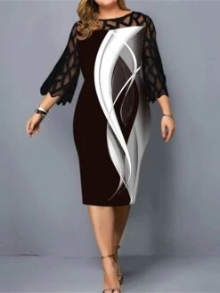 Women‘s Plus Size Curve Work Dress Sheath Dress Semi Formal Dress Fashion Flared Sleeve Midi Dress Lace Patchwork Crew Neck 3/4 Length Sleeve Stripe Loose Fit Black Summer Spring