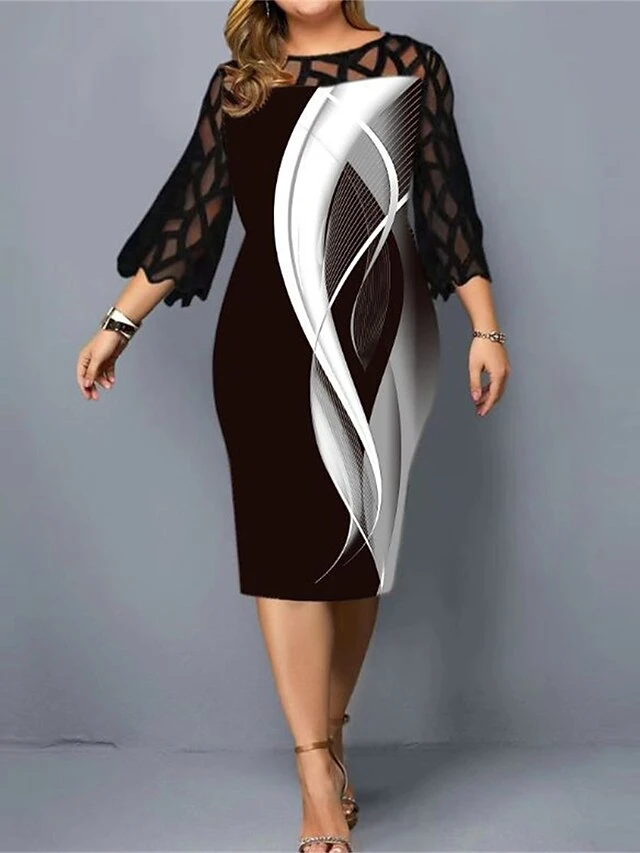 Women‘s Plus Size Curve Work Dress Sheath Dress Semi Formal Dress Fashion Flared Sleeve Midi Dress Lace Patchwork Crew Neck 3/4 Length Sleeve Stripe Loose Fit Black Summer Spring 1 Women‘s Plus Size Curve Work Dress Sheath Dress Semi Formal Dress Fashion Flared Sleeve Midi Dress Lace Patchwork Crew Neck 3/4 Length Sleeve Stripe Loose Fit Black Summer Spring
