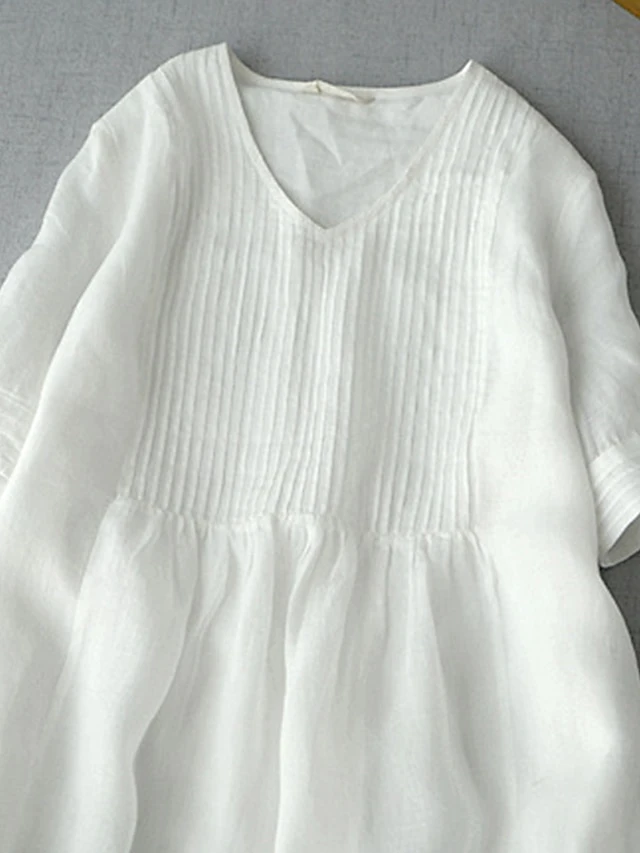 Women's Casual Dress Cotton Linen Dress White Dress Midi Dress Cotton Blend Basic Casual Outdoor Vacation V Neck Ruched Half Sleeve Summer Spring Fall 2023 Loose Fit White Green Apricot Pure Color M 2 Women's Casual Dress Cotton Linen Dress White Dress Midi Dress Cotton Blend Basic Casual Outdoor Vacation V Neck Ruched Half Sleeve Summer Spring Fall 2023 Loose Fit White Green Apricot Pure Color M - Image 2