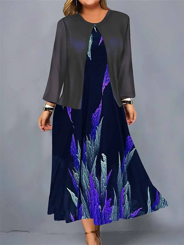 Women's Plus Size Curve Casual Dress Dress Set Two Piece Dress Floral Midi Dress Long Sleeve Print Crew Neck Mature Outdoor Black Wine Fall Winter L XL XXL 3XL 4XL 2 Women's Plus Size Curve Casual Dress Dress Set Two Piece Dress Floral Midi Dress Long Sleeve Print Crew Neck Mature Outdoor Black Wine Fall Winter L XL XXL 3XL 4XL - Image 2