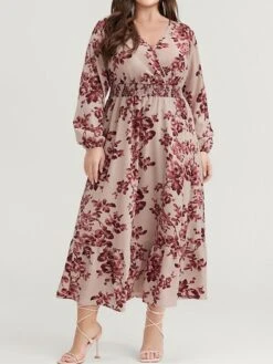 Women's Plus Size Curve Casual Dress Wine Red Velvet Dress Swing Dress Floral Long Dress Maxi Dress Long Sleeve Pocket Print V Neck -HAYz Clothing Shop lvcldu1697164712818