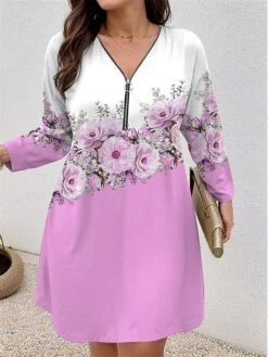 Women's Plus Size Curve Casual Dress Winter Dress Floral Gradient Mini Dress Long Sleeve Print V Neck Fashion Outdoor Yellow Pink Fall Winter L XL 2XL 3XL 4XL -HAYz Clothing Shop lvdpbs1697781488300