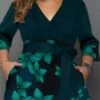 Women‘s Plus Size Curve Party Dress Swing Dress Floral Long Dress Maxi Dress 3/4 Length Sleeve Lace Up Pocket V Neck Fashion Party White Dark Green Summer Spring L XL XXL 3XL 4XL