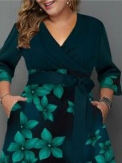 Women‘s Plus Size Curve Party Dress Swing Dress Floral Long Dress Maxi Dress 3/4 Length Sleeve Lace Up Pocket V Neck Fashion Party White Dark Green Summer Spring L XL XXL 3XL 4XL