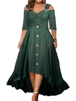 Women‘s Plus Size Curve Party Dress Swing Dress A Line Dress Solid Color Long Dress Maxi Dress Half Sleeve Button Twist Strap Fashion Party Green Summer Spring L XL XXL 3XL 4XL