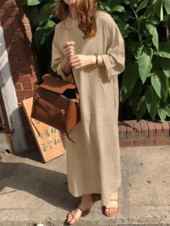 Women's Casual Dress Cotton Linen Dress Shift Dress Midi Dress Linen / Cotton Blend Fashion Classic Outdoor Daily Vacation Crew Neck Pocket Long Sleeve Fall Winter Autumn 2023 Loose Fit Black Yellow -HAYz Clothing Shop lvtyqp1693475181731