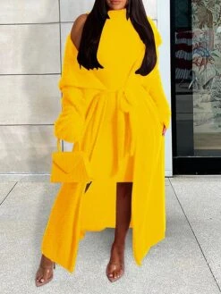 Women's Two Piece Dress Set Casual Dress Sheath Dress Daily Going Out Fashion Streetwear Lace Up Midi Dress Stand Collar Long Sleeve Plain Slim Black Yellow Wine Fall Winter S M L XL XXL -HAYz Clothing Shop lvuoje1693295530712