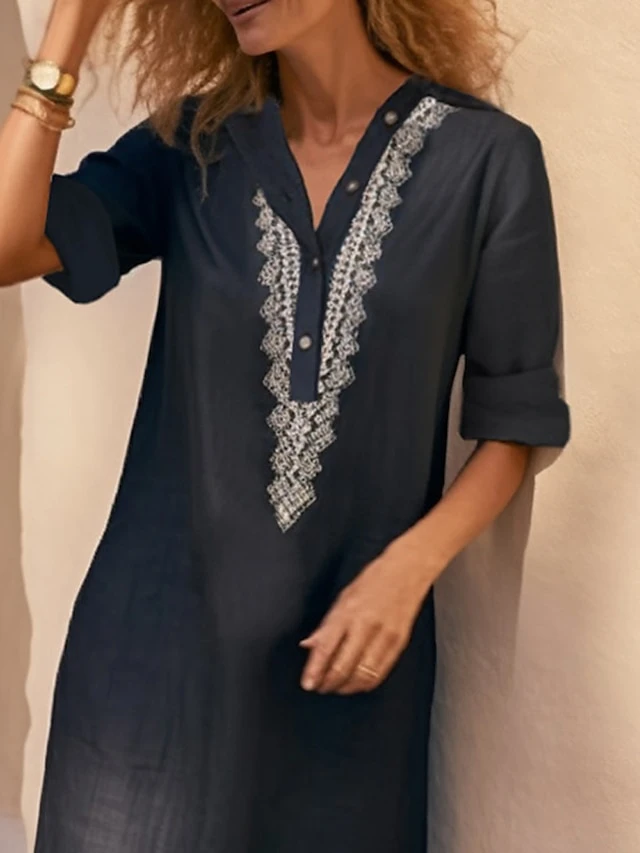 Women's Shirt Dress Casual Dress Cotton Linen Dress Midi Dress Polyester Fashion Casual Daily Outdoor Daily Vacation Shirt Collar Button Print 3/4 Length Sleeve Spring Fall Autumn 2023 Loose Fit Black 2 Women's Shirt Dress Casual Dress Cotton Linen Dress Midi Dress Polyester Fashion Casual Daily Outdoor Daily Vacation Shirt Collar Button Print 3/4 Length Sleeve Spring Fall Autumn 2023 Loose Fit Black - Image 2