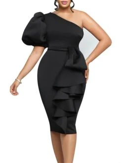 Women‘s Plus Size Curve Party Dress Solid Color One Shoulder Ruffle Short Sleeve Spring Fall Prom Dress Midi Dress Casual Daily Dress -HAYz Clothing Shop lvyhjh1656067345108